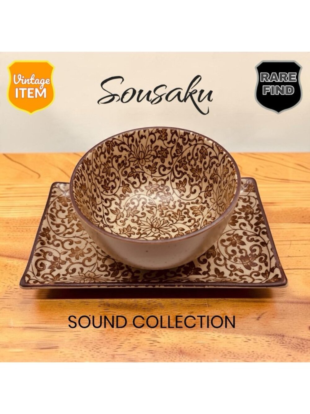 Vintage Sousaku Sound Collection Japan Stoneware Rice Noodle Bowl 5” & 9” Plate.